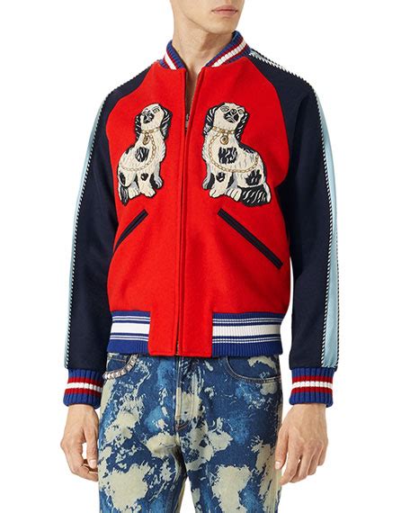 gucci king charles spaniel dog bomber jacket red|Gucci embroidered spaniel dog and bee silk bomber jacket XS.